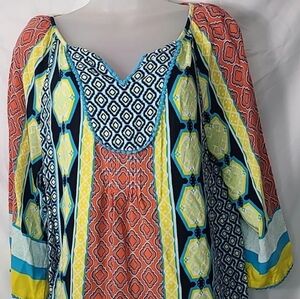 Crown & Ivy Boho Top Peasant Size 1X Multi Color Top 3/4 Flare Sleeve